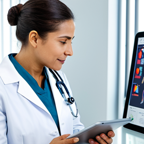 Home 19 A professional healthcare provider, fully clothed in modest professional attire, empathetically interacting with an adult client in a clean, modern clinic. The provider is looking at a tablet displaying subtle, abstract data visualizations indicating the client's emotional state, showing AI assistance in understanding. The client is also fully clothed, appropriate attire, expressing a natural pose. The background is a well-lit, serene medical environment with professional lighting. perfect anatomy, correct proportions, natural pose, well-formed hands, proper finger count, natural body proportions, safe for work, appropriate content, fully clothed, professional, high quality.