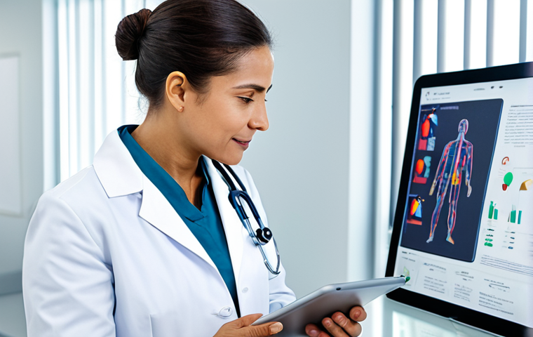 A professional healthcare provider, fully clothed in modest professional attire, empathetically interacting with an adult client in a clean, modern clinic. The provider is looking at a tablet displaying subtle, abstract data visualizations indicating the client's emotional state, showing AI assistance in understanding. The client is also fully clothed, appropriate attire, expressing a natural pose. The background is a well-lit, serene medical environment with professional lighting. perfect anatomy, correct proportions, natural pose, well-formed hands, proper finger count, natural body proportions, safe for work, appropriate content, fully clothed, professional, high quality.