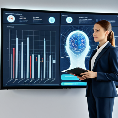 Home 8 **
"A professional businesswoman in a modest business suit, giving a presentation about AI emotion analysis. The scene is a modern office conference room with a screen displaying graphs and facial recognition data. Fully clothed, appropriate attire, safe for work, perfect anatomy, natural proportions, professional presentation, high quality"
**