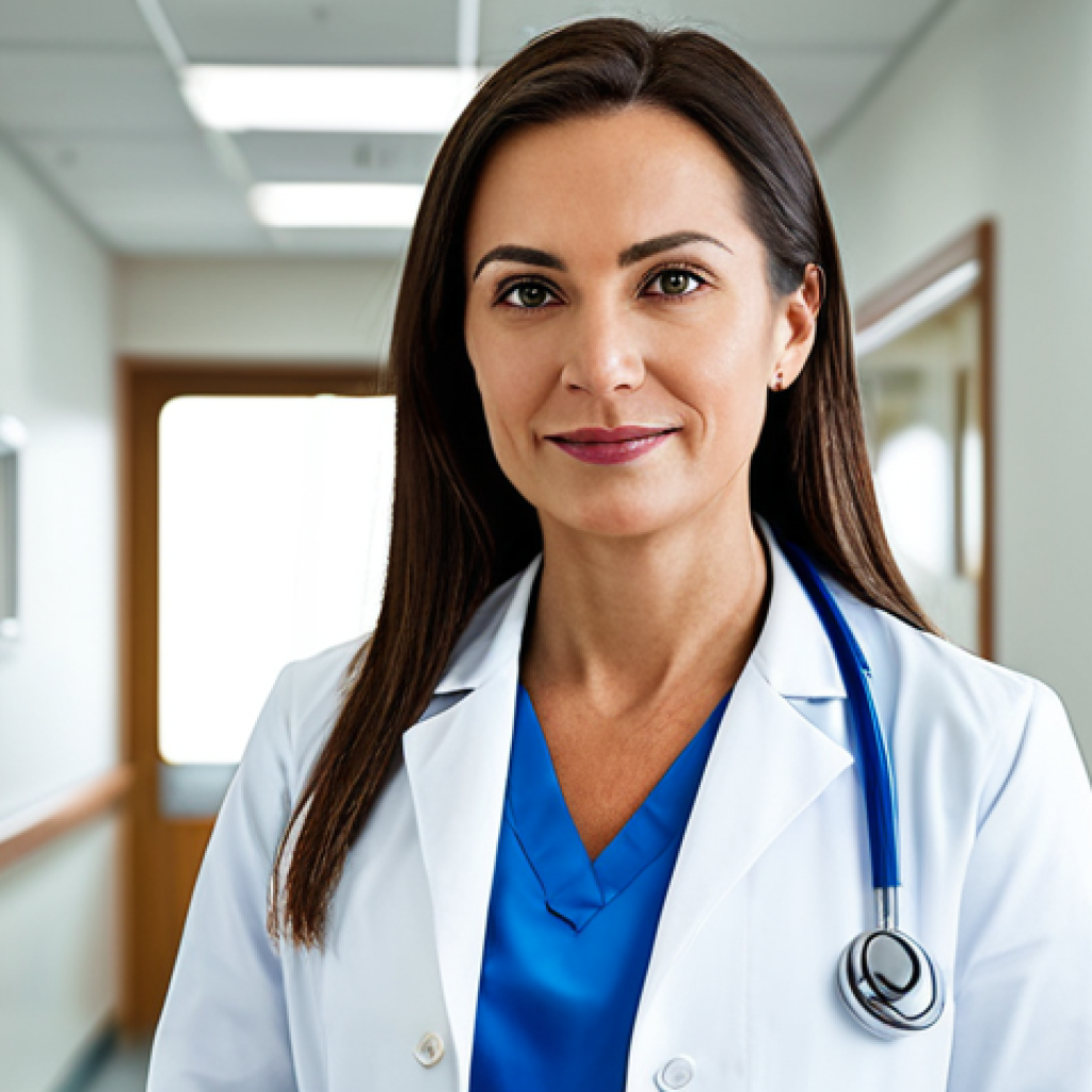**

"A professional female doctor in a clean and bright hospital office, wearing a white coat and stethoscope, fully clothed, appropriate attire, safe for work, perfect anatomy, natural proportions, warm lighting, professional medical photography, family-friendly"

**