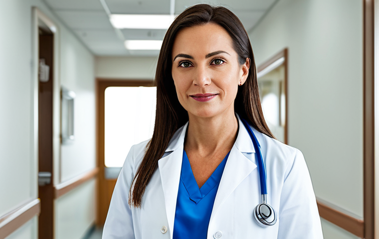 **

"A professional female doctor in a clean and bright hospital office, wearing a white coat and stethoscope, fully clothed, appropriate attire, safe for work, perfect anatomy, natural proportions, warm lighting, professional medical photography, family-friendly"

**