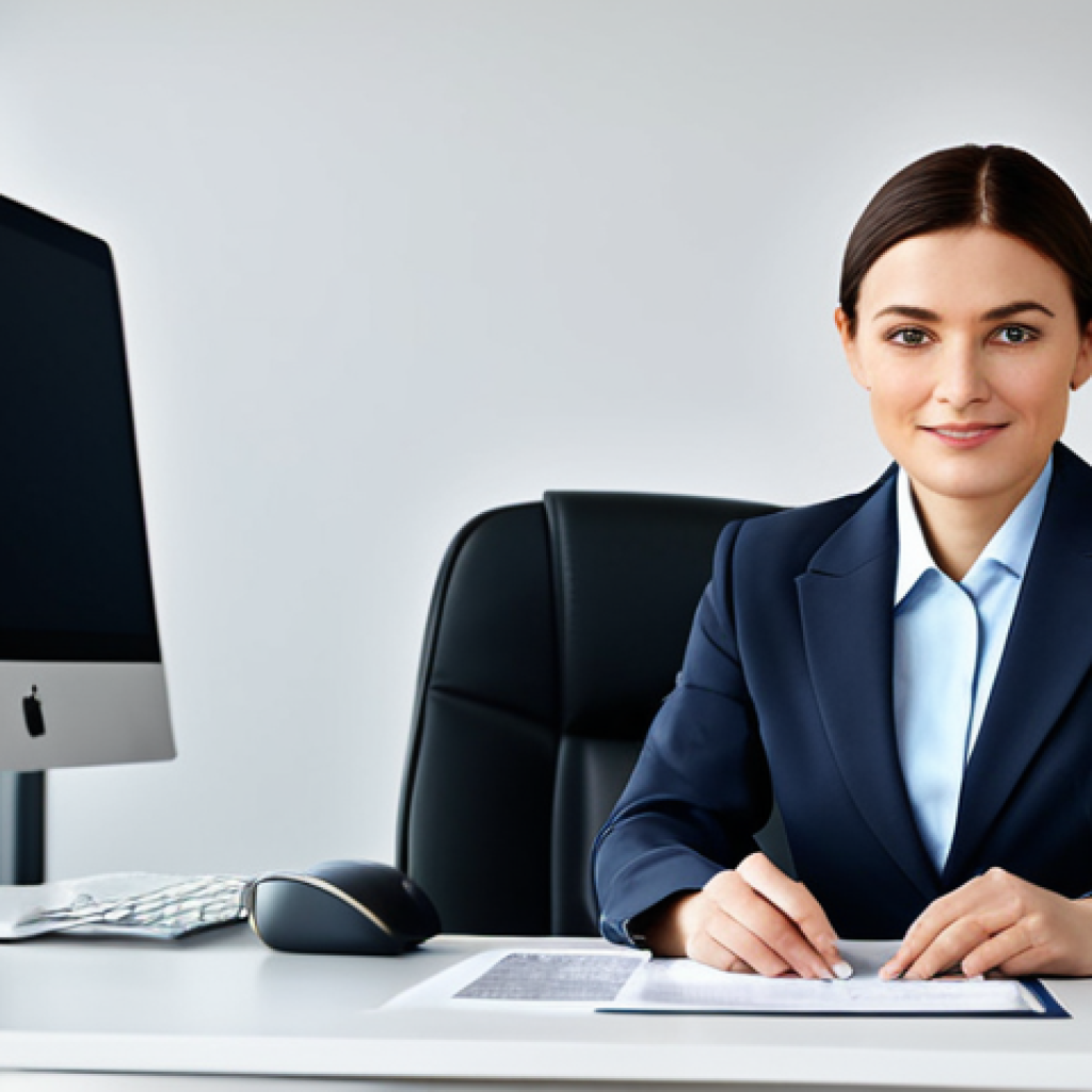 ** A professional businesswoman in a modest business suit, sitting at a desk in a modern office, fully clothed, appropriate attire, safe for work, perfect anatomy, natural proportions, professional photography, high quality, family-friendly.

**