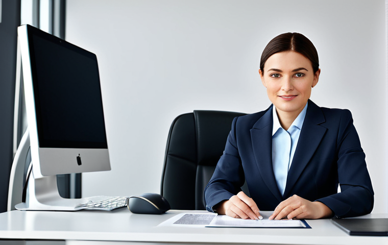 ** A professional businesswoman in a modest business suit, sitting at a desk in a modern office, fully clothed, appropriate attire, safe for work, perfect anatomy, natural proportions, professional photography, high quality, family-friendly.

**