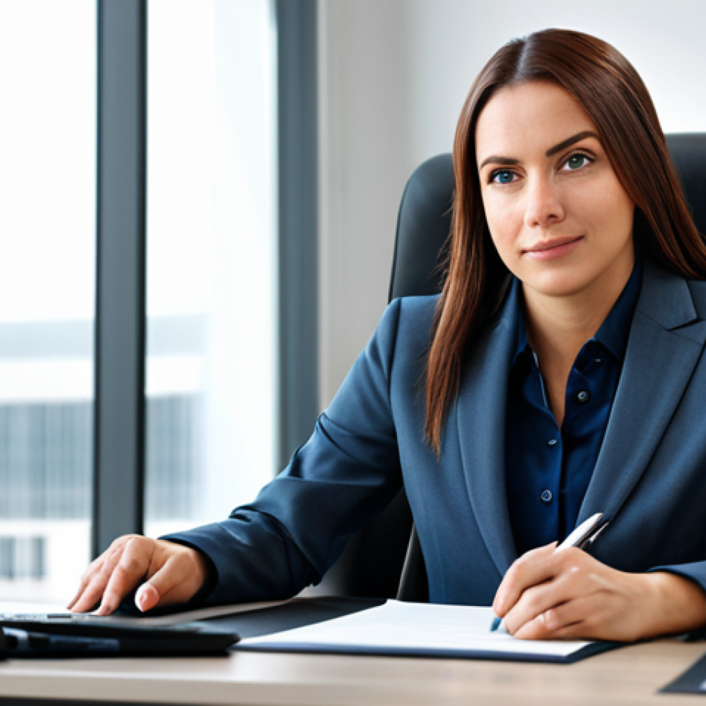** A professional businesswoman in a modest business suit, sitting at a desk in a modern office, fully clothed, appropriate attire, safe for work, perfect anatomy, natural proportions, professional photography, high quality.

**