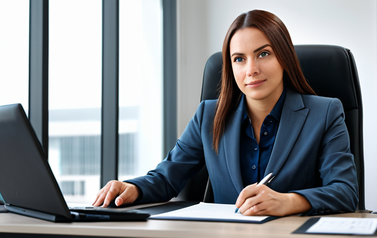 ** A professional businesswoman in a modest business suit, sitting at a desk in a modern office, fully clothed, appropriate attire, safe for work, perfect anatomy, natural proportions, professional photography, high quality.

**
