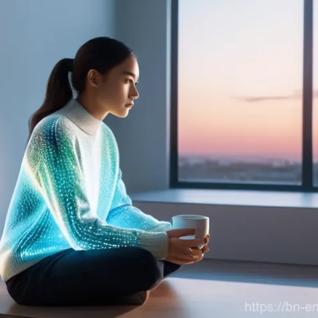 감정인식 AI와 감정 관리의 중요성 - **Prompt: Reflective Connection with AI**
    "A young woman, approximately 25 years old, sits comfo...