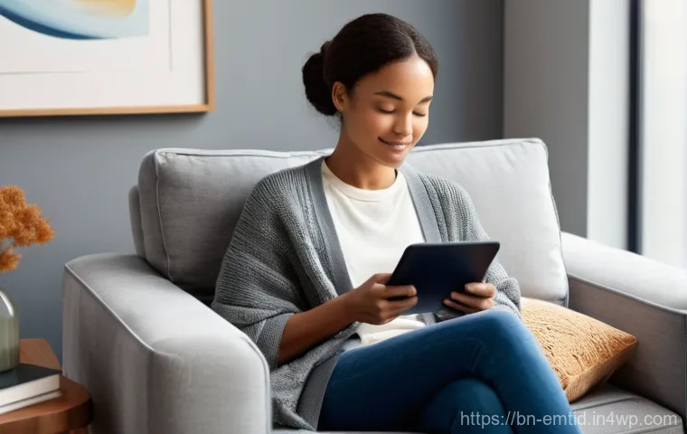 감정인식 AI와 감정 관리의 중요성 - **Prompt: Reflective Connection with AI**
    "A young woman, approximately 25 years old, sits comfo...