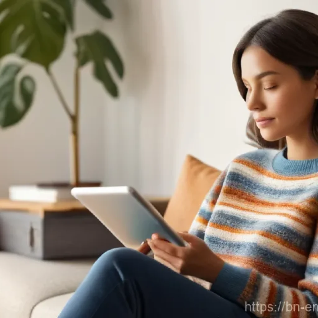 감정인식 AI 기술의 글로벌 시장 분석 - **Prompt: "A young woman, approximately 28 years old, sitting comfortably on a plush sofa in a sunli...