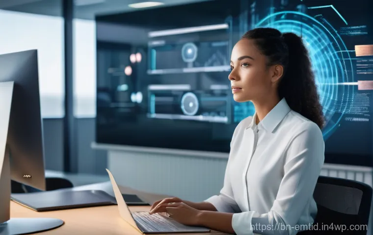 감정인식 AI와 조직 관리의 변화 - **Workplace Empathy with AI Support:** A young professional woman, dressed in smart business casual ...