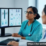 감정인식 AI의 글로벌 시장 동향 - A diverse group of Bengali professionals in a modern healthcare setting, featuring a middle-aged fem...