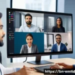 Home 21 감정인식 AI와 사회적 이슈 - A diverse group of Bengali professionals in a modern office setting engaged in a video conference, w...