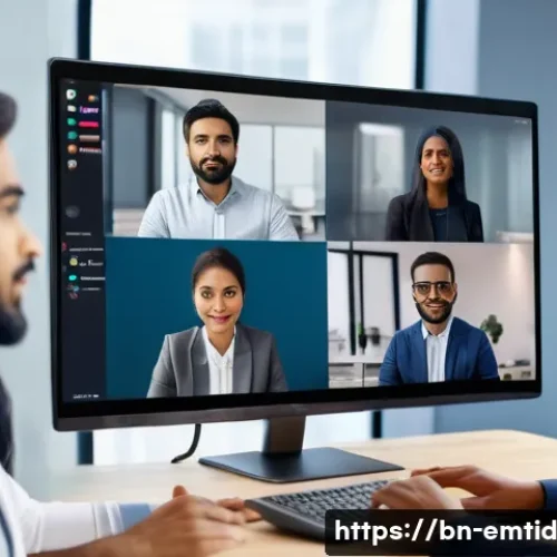 Home 33 감정인식 AI와 사회적 이슈 - A diverse group of Bengali professionals in a modern office setting engaged in a video conference, w...