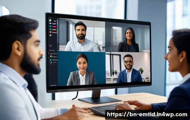 감정인식 AI와 사회적 이슈 - A diverse group of Bengali professionals in a modern office setting engaged in a video conference, w...