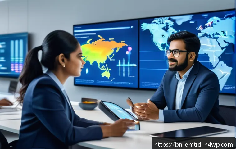 감정인식 AI 기술의 상용화 전략 - A modern office scene showcasing a diverse team of professionals analyzing multimodal AI data stream...