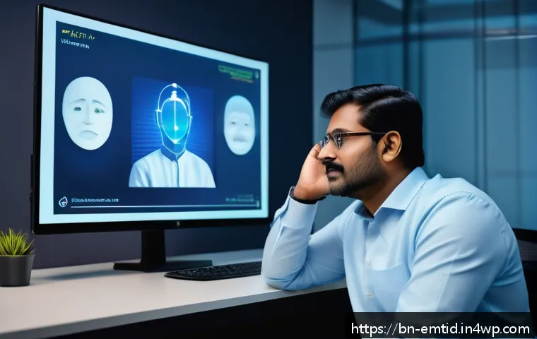 감정인식 AI의 실제 사례 분석 - A modern office environment with diverse Bengali professionals using advanced AI technology for emot...